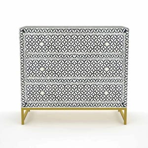 Elegant Bone Inlay Chest with Geometric Pattern – 3 Drawers, Brass Finish Base