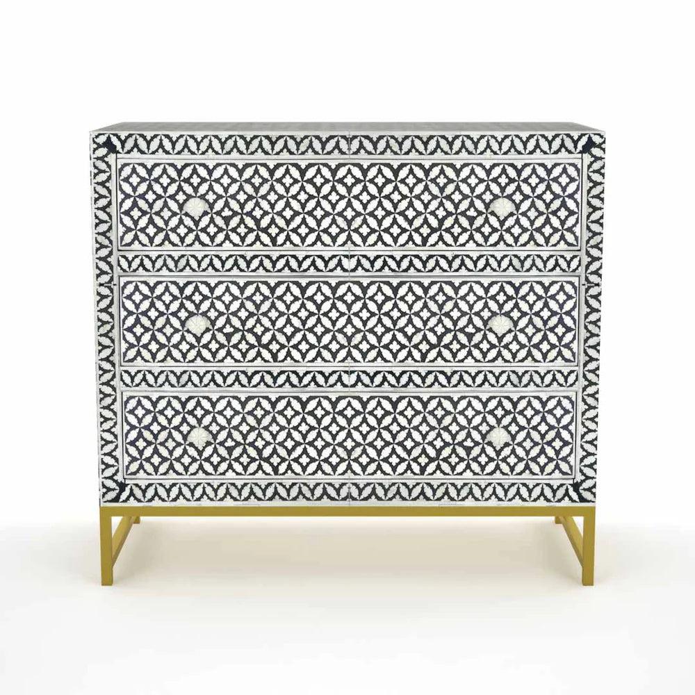 Elegant Bone Inlay Chest with Geometric Pattern – 3 Drawers, Brass Finish Base