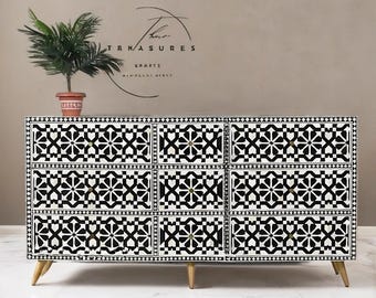 Bone Inlay Sideboard: Moroccan Nine-Drawer Dresser, Handmade Indian Furniture