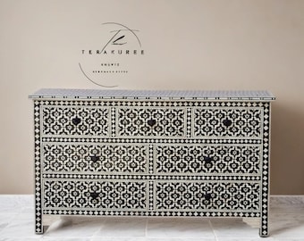 Bone Inlay 7-Drawer Chest: Black Wallpaper Pattern Dresser
