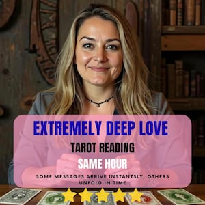 May include: A woman smiles in front of a bookshelf, with text overlay: "EXTREMELY DEEP LOVE, TAROT READING, SAME HOUR." Below, it reads: "SOME MESSAGES ARRIVE INSTANTLY, OTHERS UNFOLD IN TIME." Tarot cards with gold stars are visible.