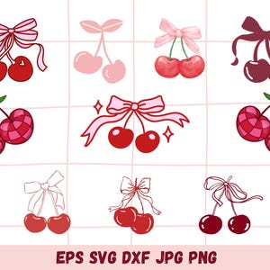 Cherry SVG, Summer Fruits Vector, Cherry Dxf, Cherries Clipart, Cherry PNG, Cherry Outline Cut Files, Cute Coquette Cherries with Bow SVG