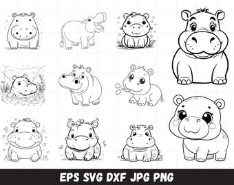 Baby Hippos Svg Bundle, Hippo Cartoon Black and White Svg Bundle, Cute Happy Hippo Clipart, Funny Hippo Png, Cute Quirky Animal Hippopotamus