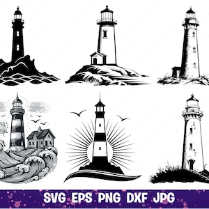 Könnte beinhalten: Sechs schwarz-weiße Illustrationen von Leuchttürmen. Die Designs zeigen verschiedene Stile, einige auf felsigem Gelände, andere mit Wellen und Vögeln. Der Text "SVG EPS PNG DXF JPG" ist enthalten.