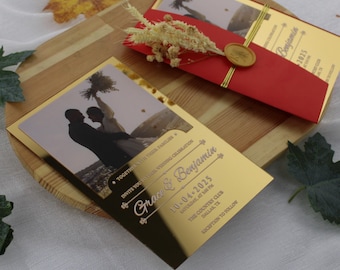 Gold Mirror Acrylic Wedding Invitation | Luxury Reflective Invite With Photo | Elegant Custom Wedding Card With Envelope - Luxury Custom