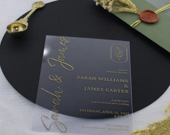Clear Acrylic Wedding Invitation With Gold Foil and Sage Green Envelope - Modern Minimalist Wedding Suite