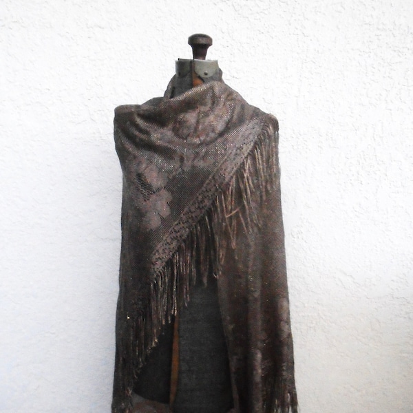 Vintage bronze color with Metallic thread long fringed Wrap Shawl