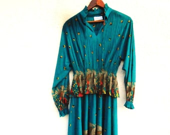 Vintage retro 70's dark teal peplum Dress