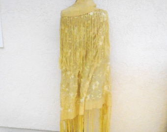 FREE Shipping.........Vintage golden on golden embroidered SILK piano Shawl