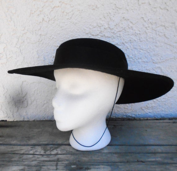 Vintage black wool wide brim Hat with chin strap - image 3