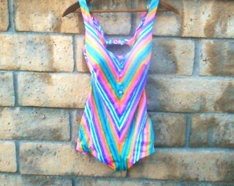 Vintage 70's Chevron color striped One piece bathing suit