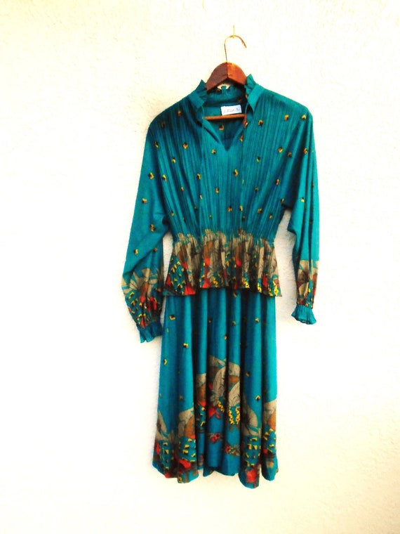 Vintage retro 70's dark teal peplum Dress