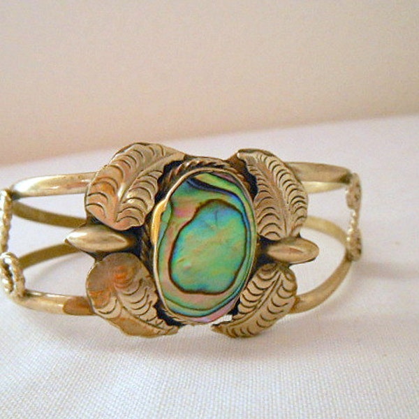 Vintage silver tone with abalone center flower Cuff Bracelet