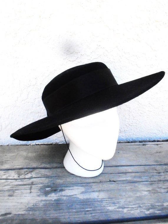 Vintage black wool wide brim Hat with chin strap - image 1