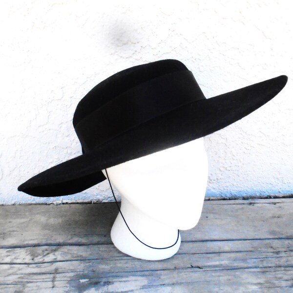 Vintage black wool wide brim Hat with chin strap