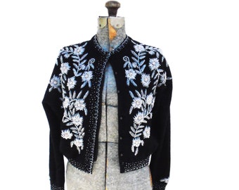 FREE Shipping..........Vintage 50's silk lined Black beaded Cardigan