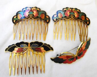 Vintage enamel Cloisonne hair combs