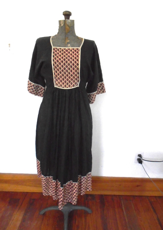 Vintage bohemian black and block print India Dress