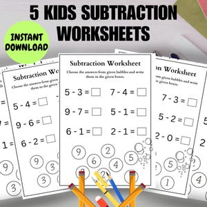 May include: White subtraction worksheets for kids with math problems and answer boxes. The worksheets have the text "5 KIDS SUBTRACTION WORKSHEETS" and "INSTANT DOWNLOAD". Pencils and a red eraser are at the bottom of the image.