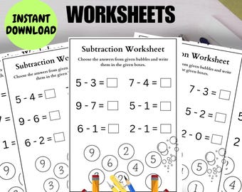 May include: White subtraction worksheets for kids with math problems and answer boxes. The worksheets have the text "5 KIDS SUBTRACTION WORKSHEETS" and "INSTANT DOWNLOAD". Pencils and a red eraser are at the bottom of the image.
