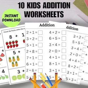 10 Folhas de Exercícios de Adição para Crianças em PDF | Páginas de Prática de Matemática | Atividade de Adição para Imprimir para Pré-Escola e Jardim de Infância para Aprender Números
