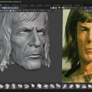 May include: A digital 3D model of a man's head next to a color photograph of the same man. The 3D model is gray and shows the man's face in detail. The photograph shows the man with dark hair and pointed ears.