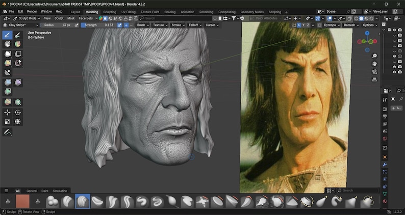May include: A digital 3D model of a man's head next to a color photograph of the same man. The 3D model is gray and shows the man's face in detail. The photograph shows the man with dark hair and pointed ears.