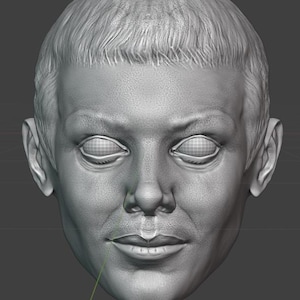Może przedstawiać: Szary model 3D ludzkiej twarzy, prezentujący szczegółowe tekstury i cechy. Model ma zamknięte oczy z siatkowym wzorem, zdefiniowany nos i lekko rozchylone usta. Włosy są krótkie i teksturowane.