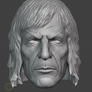 May include: A grayscale 3D-rendered bust of a man with long, wavy hair and a stern expression. The sculpture features detailed facial features, including closed eyes, a defined nose, and a slightly parted mouth. The overall aesthetic is realistic.