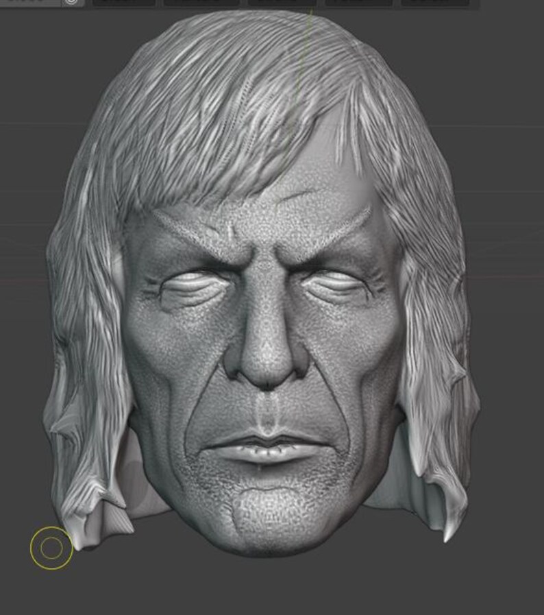 May include: A grayscale 3D-rendered bust of a man with long, wavy hair and a stern expression. The sculpture features detailed facial features, including closed eyes, a defined nose, and a slightly parted mouth. The overall aesthetic is realistic.