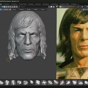 May include: A digital rendering of a head, next to a photograph of a person. The rendering is a grayscale sculpture of a man's head with long hair. The photograph is a color image of a man with dark hair and pointed ears, wearing a beige shirt.