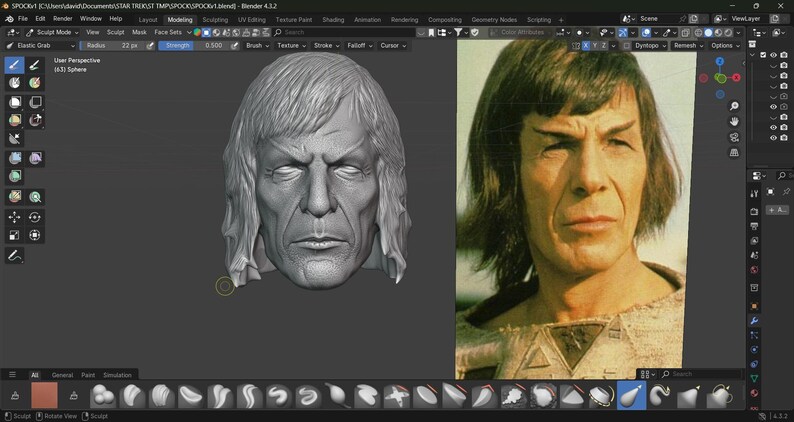 May include: A digital rendering of a head, next to a photograph of a person. The rendering is a grayscale sculpture of a man's head with long hair. The photograph is a color image of a man with dark hair and pointed ears, wearing a beige shirt.