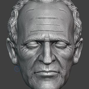 May include: A grey 3D render of a human face, displaying intricate textures and features. The sculpture portrays an older person with noticeable wrinkles, a prominent nose, and defined facial structure. The hair is styled with subtle waves.