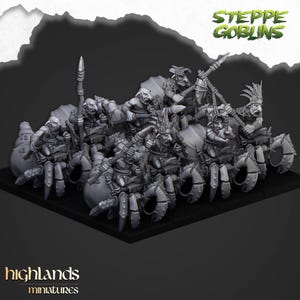 May include: A grayscale miniature scene featuring several goblin figures riding large crab-like creatures. The goblins are armed with spears and wear tribal-style attire. The text "STEPPE GOBLINS" and "highlands miniatures" are visible.
