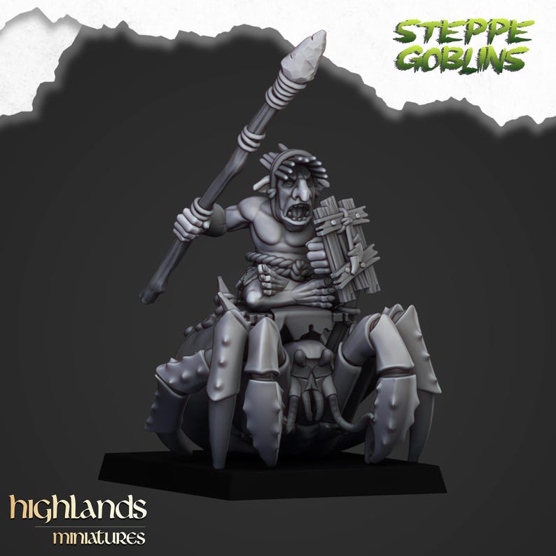 May include: A gray miniature figure of a goblin riding a crab-like creature, holding a spear and shield. The figure is on a black base, with the words "Steppe Goblins" and "highlands miniatures" visible.
