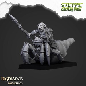May include: A miniature figurine of a goblin riding a giant insect-like creature. The goblin is holding a spear and has a wooden shield on its back. The words "STEPPE GOBLINS" are visible in the upper right corner.
