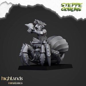 May include: A gray miniature figure of a goblin riding a giant spider. The goblin is holding a horn to its mouth. The figure is on a black base. The text "Steppe Goblins" is at the top right. The text "highlands miniatures" is at the bottom.