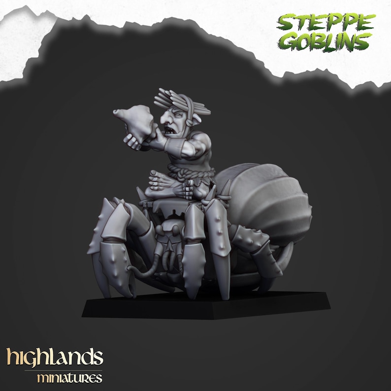May include: A gray miniature figure of a goblin riding a giant spider. The goblin is holding a horn to its mouth. The figure is on a black base. The text "Steppe Goblins" is at the top right. The text "highlands miniatures" is at the bottom.