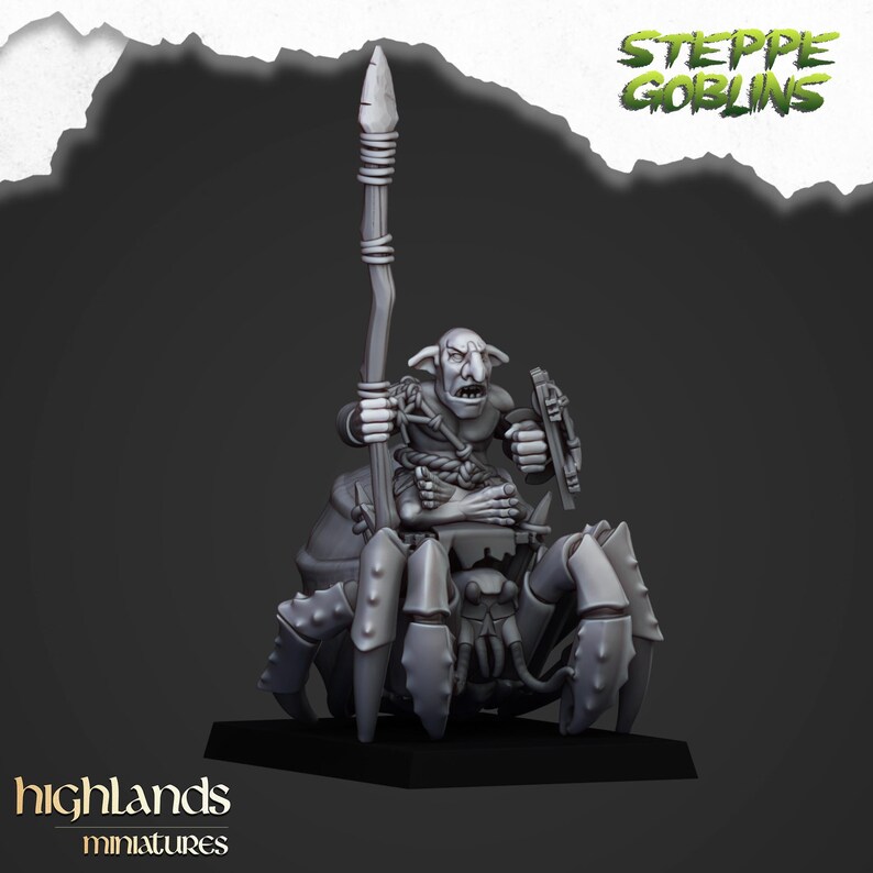 May include: A gray miniature figure of a goblin riding a spider-like creature. The goblin holds a spear and shield. The text "Steppe Goblins" is at the top, and "highlands miniatures" is at the bottom.