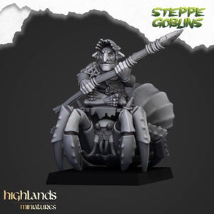 May include: A gray miniature figure of a goblin riding a giant spider, holding a spear. The figure is labeled "Steppe Goblins" and "highlands miniatures". The goblin has a stern expression. The spider has large claws and a detailed carapace.