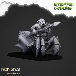 May include: A gray miniature figure of a goblin riding a crab-like creature, holding a spear. The figure is set against a dark background, with the words "Steppe Goblins" and "highlands miniatures" visible.