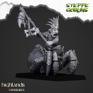May include: A gray miniature of a goblin riding a giant spider-like creature. The goblin is holding a weapon made of bone and stone. The text "STEPPE GOBLINS" and "highlands miniatures" are visible.
