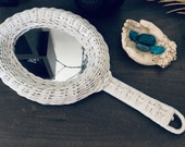 Vintage White Wicker Hand Mirror or Wall Mirror