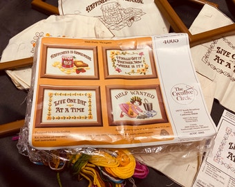 Vintage 1985 The Creative Circle Embroidery Kit Happiness is Homemade Help Wanted Live One Day At A Time