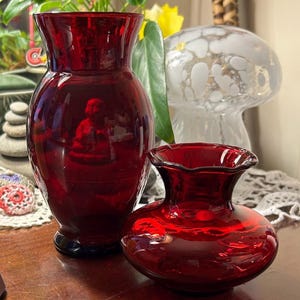 Ruby Red Vintage Glass Vase - Set of Two