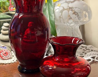 Ruby Red Vintage Glass Vase - Set of Two
