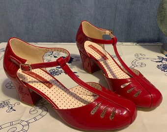 B.A.I.T. Footwear Fire Engine RED T-Strap Mary Jane Kitten "Robbie" Heel Pumps Rockabilly Shoes