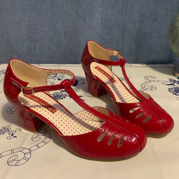 B.A.I.T. Footwear Fire Engine RED T-Strap Mary Jane Kitten "Robbie" Heel Pumps Rockabilly Shoes