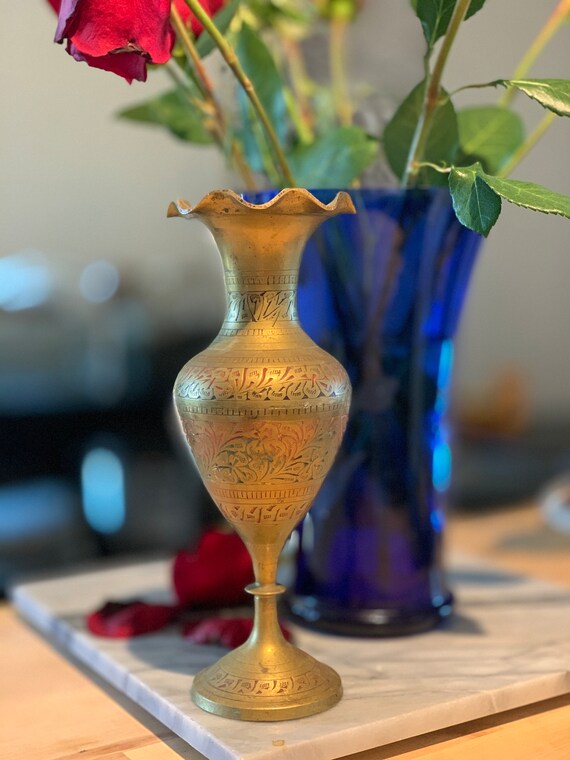 Vintage OLD Etched Solid Brass Tall Vase Etsy