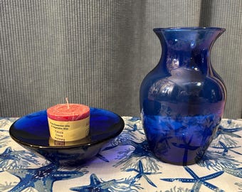ヴィンテージ コバルトブルー ケージガラス花瓶またはキャンドル